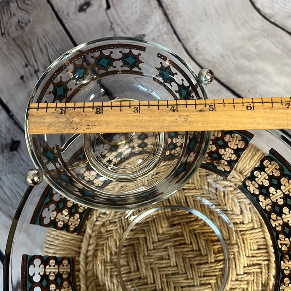 Vintage Mid Century chip dip glass bowl gold leaf green quatrefoil pattern - Picture 6 of 7